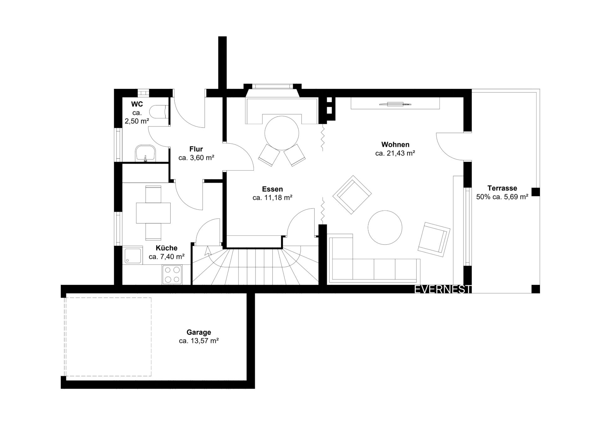 Grundriss eines Wohnhauses mit Garage, Küche, WC, Flur, Esszimmer, Wohnzimmer und Terrasse.