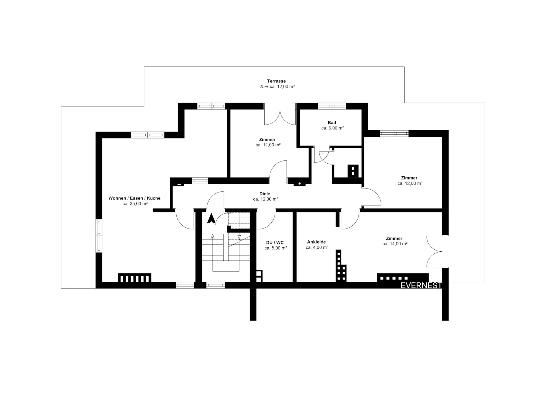 Grundriss einer Wohnung mit Zimmern, Bad, Küche, Ankleide, Terrasse und Flur.