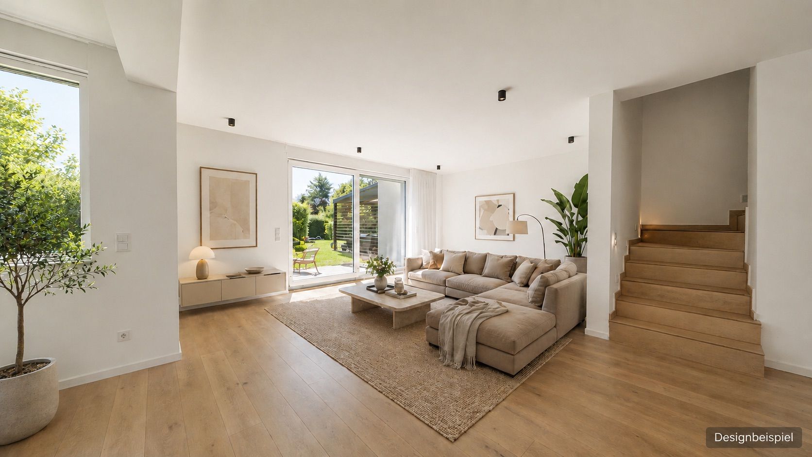 Helles Wohnzimmer mit großem Sofa, Couchtisch, Teppich und Zugang zum Garten, Treppe rechts, viel Tageslicht.