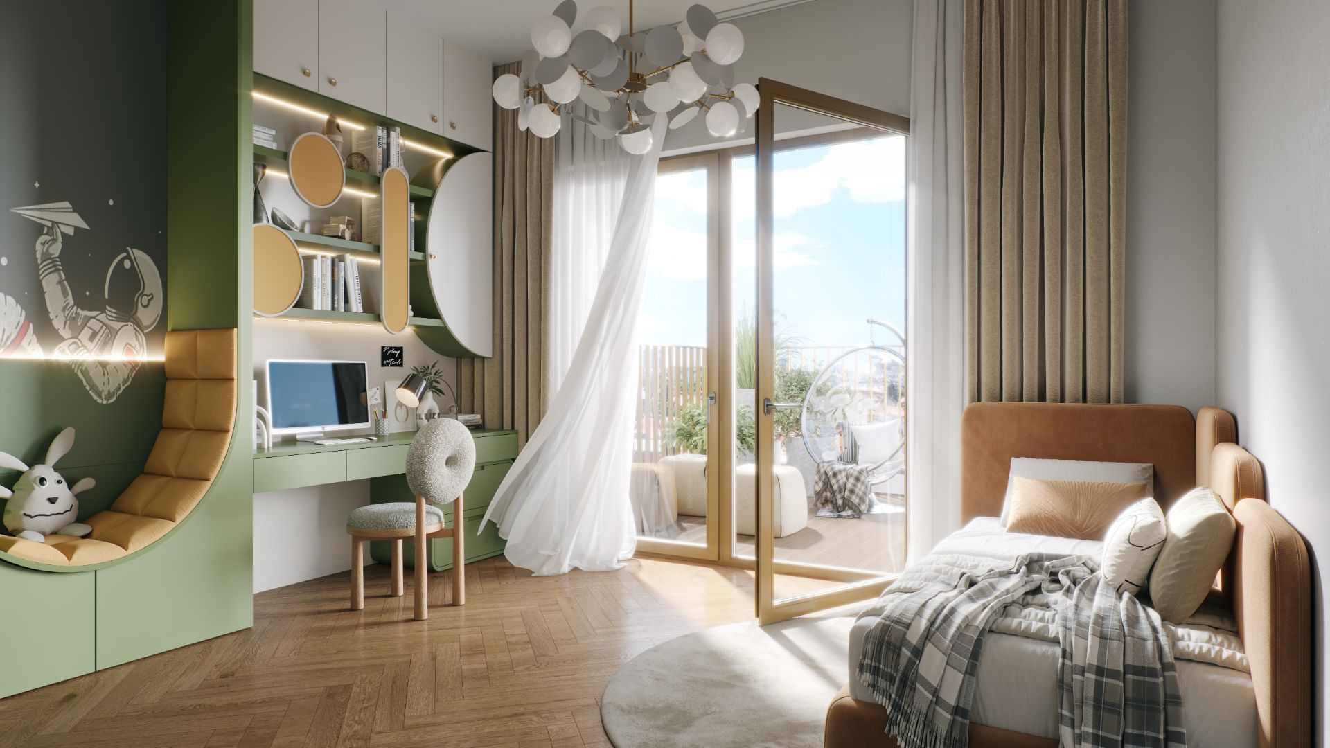 Helles Kinderzimmer mit Schreibtisch, Bett, Sessel, und Zugang zu einem Balkon mit Sitzgelegenheit.
