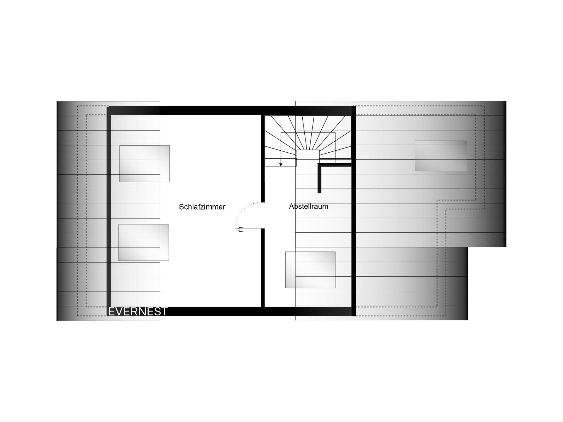 Grundriss mit Schlafzimmer, Abstellraum und Treppe.