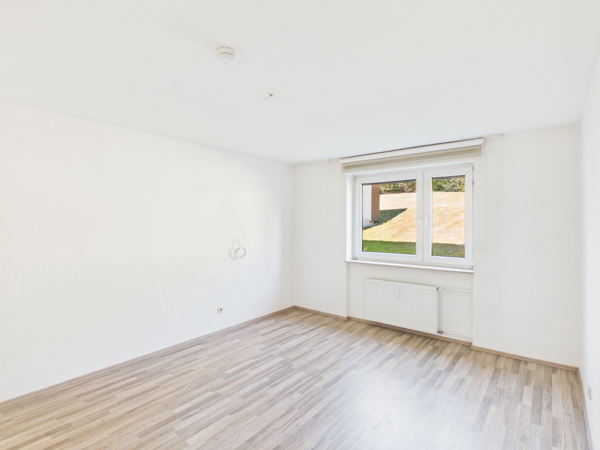 Leerer, heller Raum mit Laminatboden und großem Fenster, Blick auf Wiese.