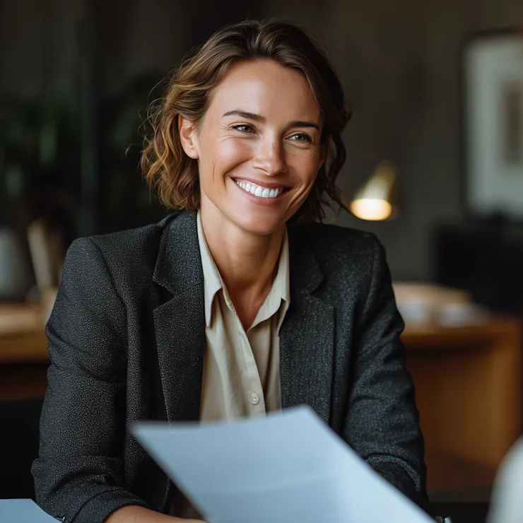 Lächelnde Frau im Blazer sitzt an einem Tisch mit einer weiteren Person und hält ein Blatt Papier.