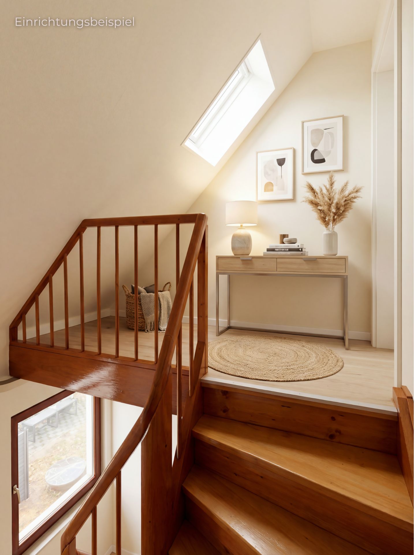 Helle Treppe mit Holzgeländer, Schreibtisch, Lampe und runder Teppich unter Dachfenster.