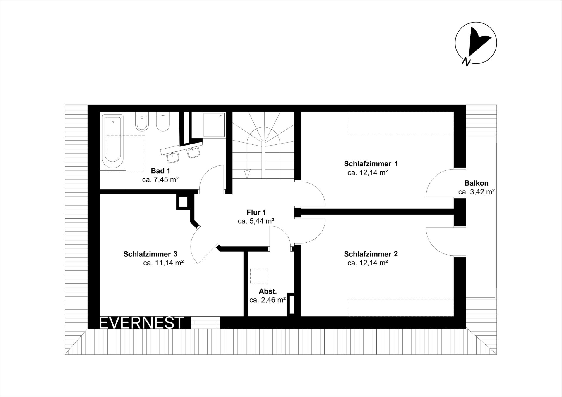 Grundriss mit drei Schlafzimmern, einem Bad, Flur, Abstellraum und Balkon.