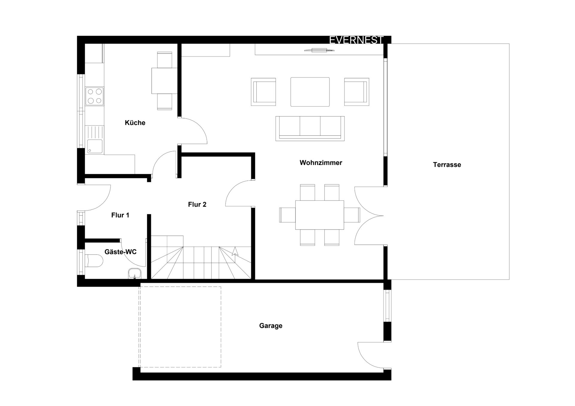 Grundriss eines Hauses mit Wohnzimmer, Küche, Gäste-WC, Flur, Garage und Terrasse.