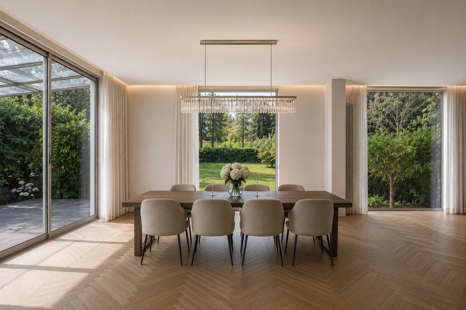 Moderner Essbereich mit großem Esstisch, acht Stühlen und Blick auf Garten durch große Fenster.