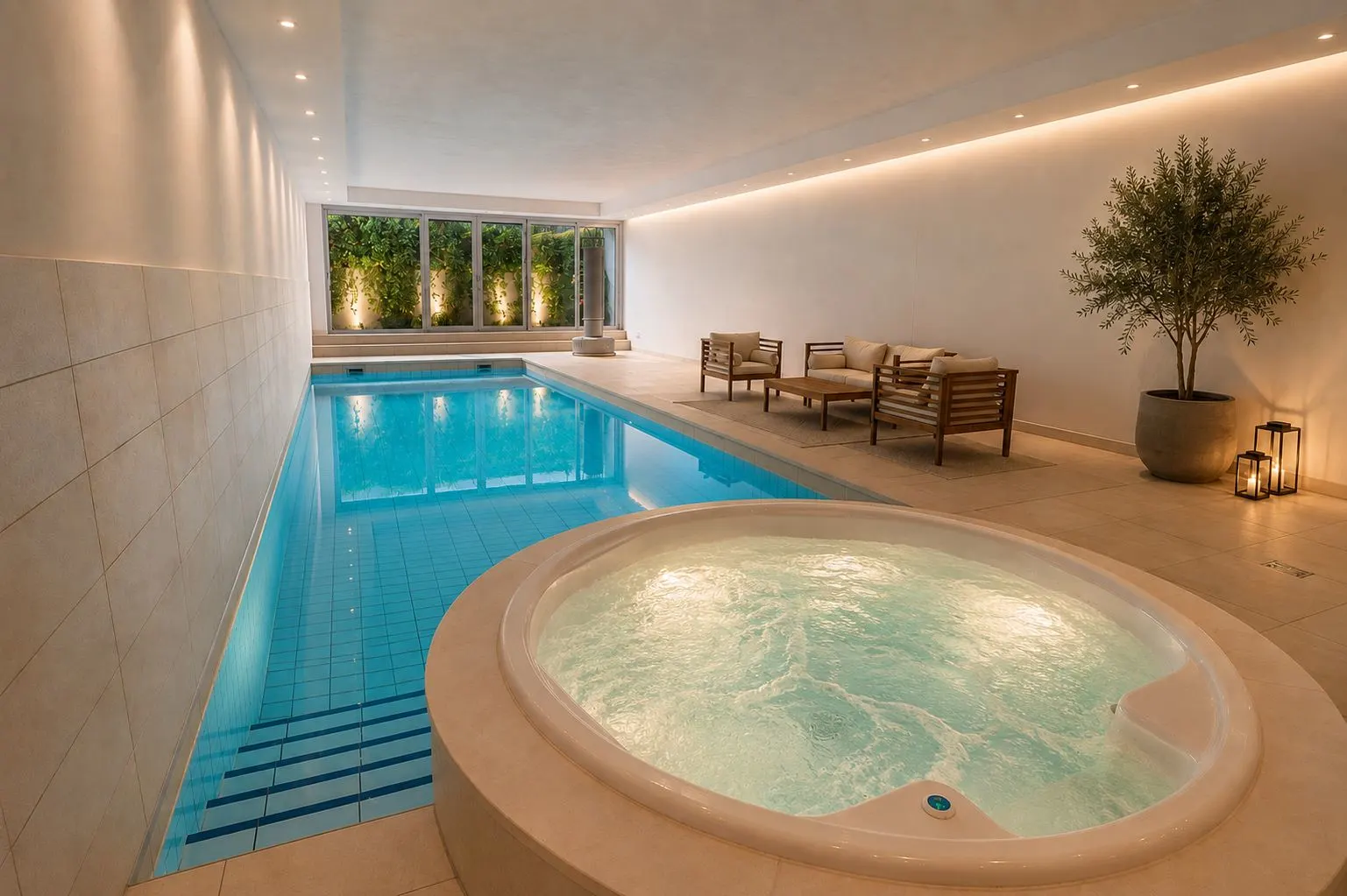 Innenraum mit Pool, Whirlpool, Sitzgruppe und großer Pflanze am Rand.