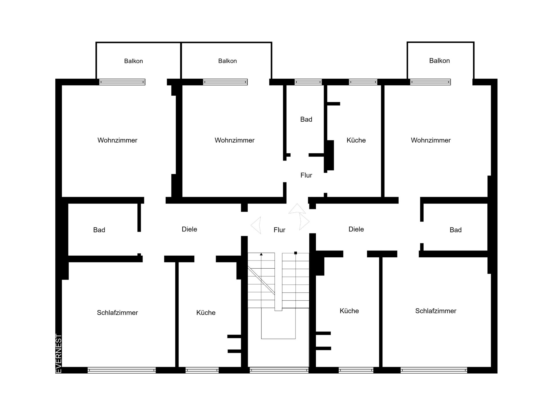Grundriss mit drei Wohnungen, jeweils mit Wohnzimmer, Schlafzimmer, Küche, Bad und Balkon.
