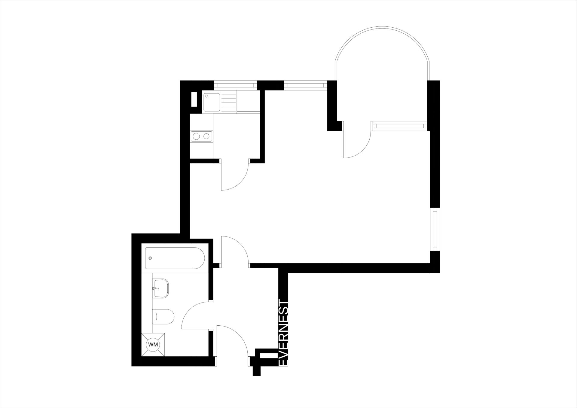 Grundriss einer Wohnung mit Bad, Küche und großem Wohnbereich.