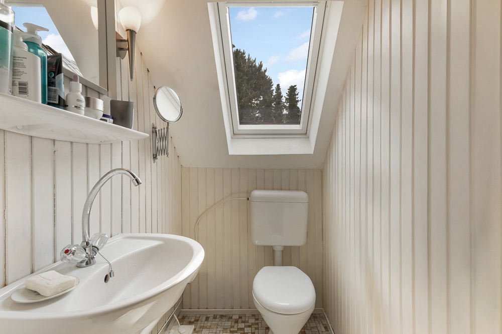 Kleines Badezimmer mit Waschbecken, Toilette und Dachfenster, weiße Holzwände.