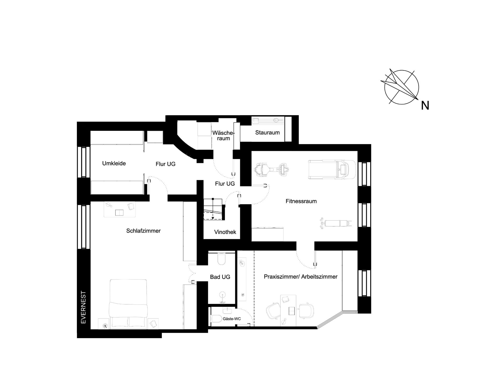 Grundriss eines Wohnhauses mit Schlafzimmer, Fitnessraum, Bad, Stauraum und Arbeitszimmer.