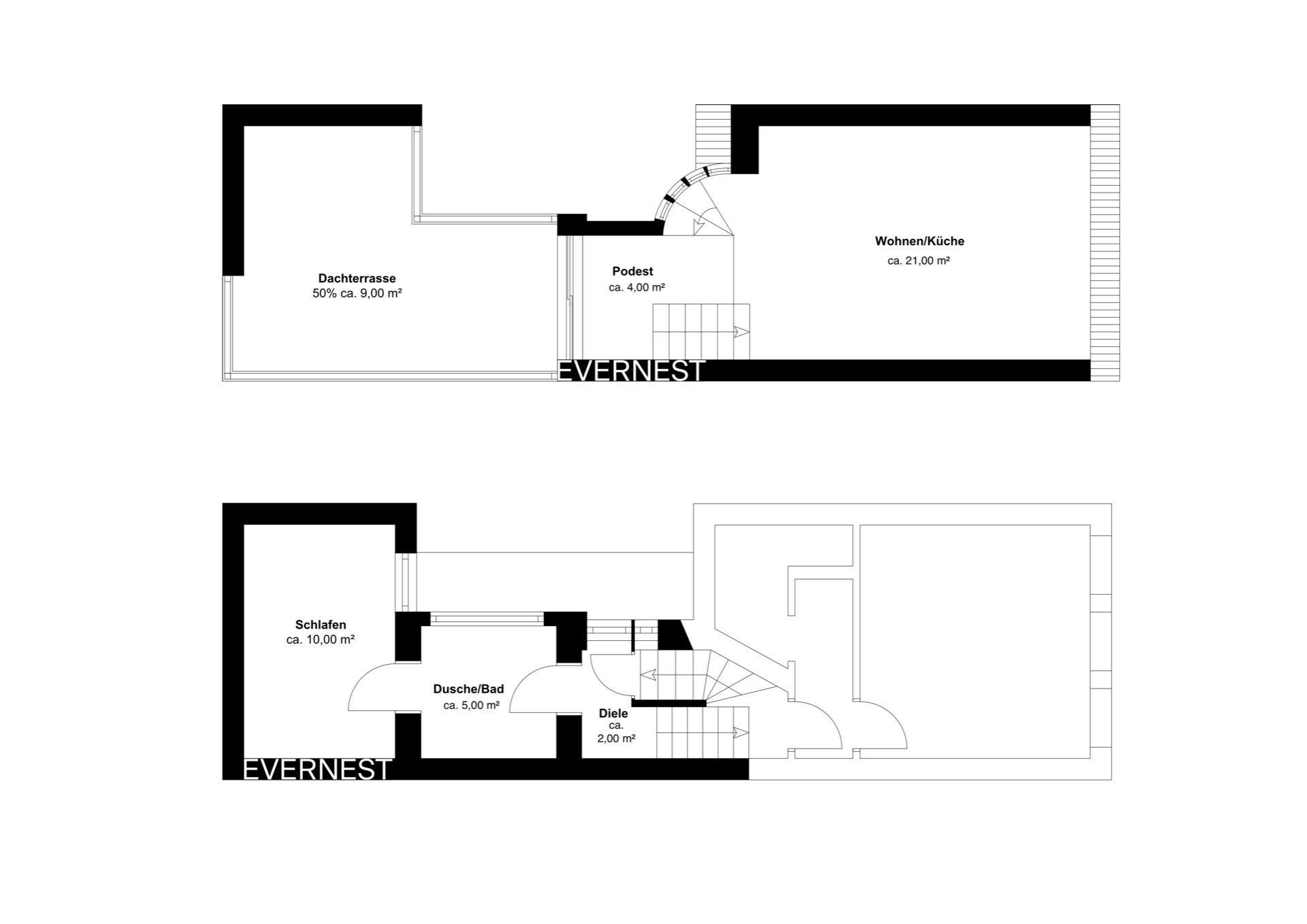 Grundriss einer Wohnung mit Dachterrasse, Wohnküche, Schlafraum und Bad auf zwei Ebenen.