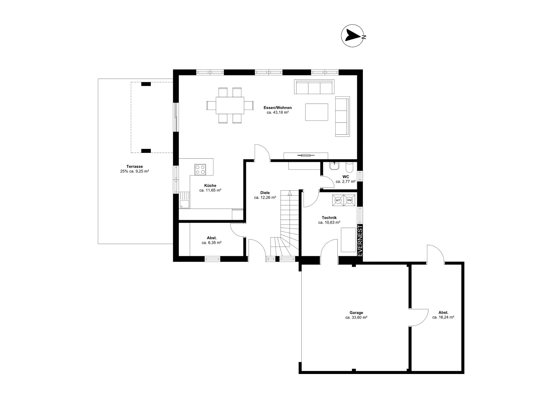 Grundriss eines Wohnhauses mit Küche, Wohnzimmer, WC, Technikraum, Garage und Terrasse.