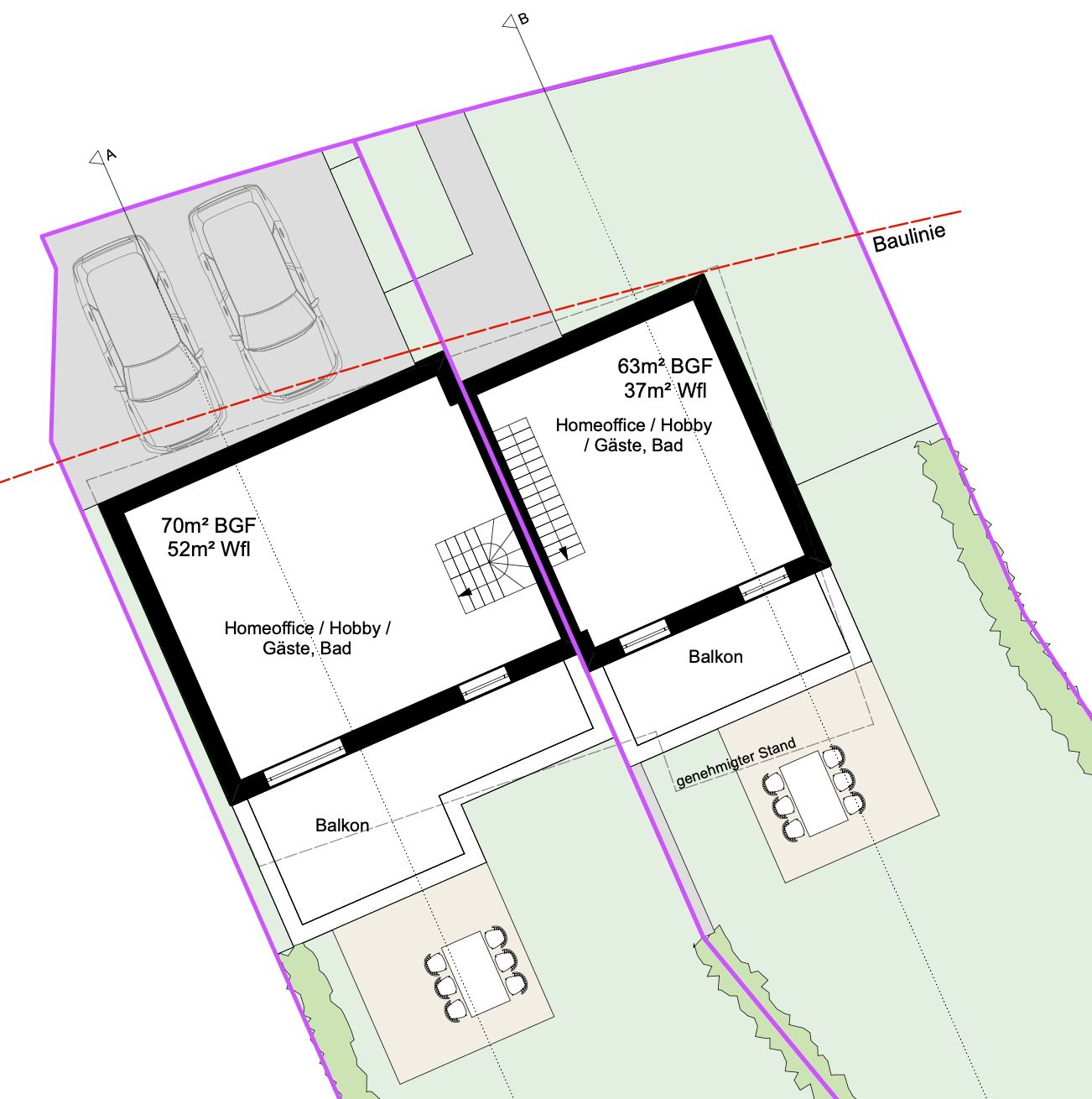Grundriss mit zwei Gebäuden, Balkonen, Parkplätzen und Sitzbereichen im Garten.