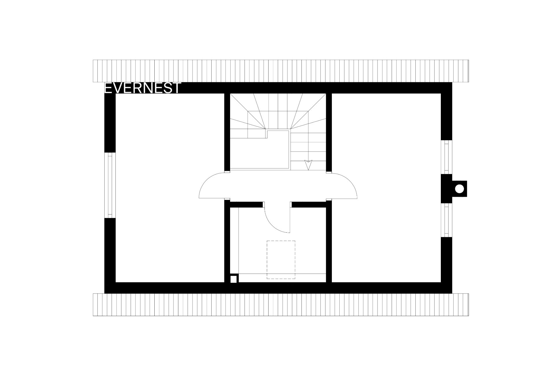 Grundriss einer Etage mit drei Räumen und einem Treppenhaus in der Mitte.