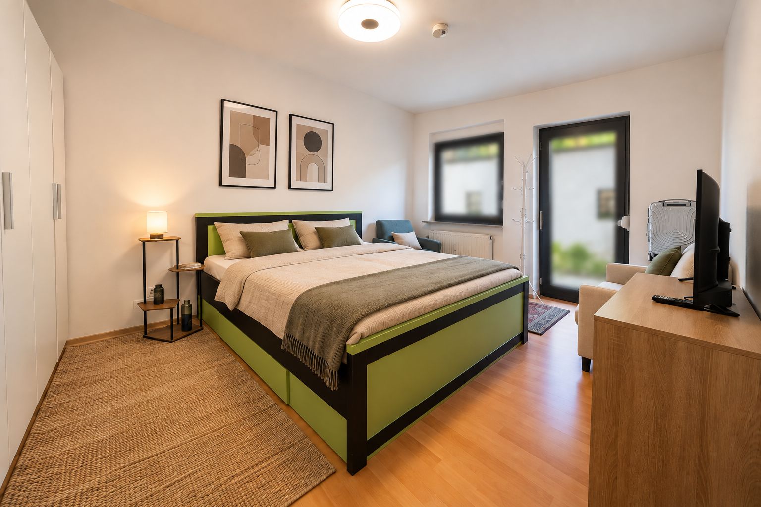 Modernes Schlafzimmer mit grünem Doppelbett, Sofa, Fernseher, Teppich und Fenster.