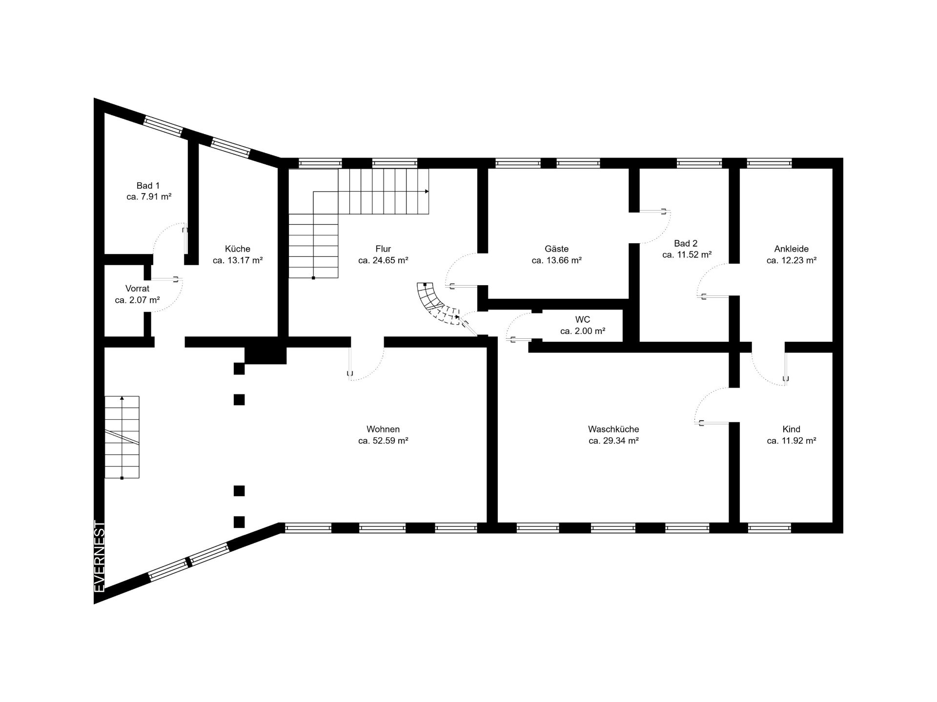 Grundriss eines Hauses mit Küche, Wohnzimmer, Bädern, Schlafzimmer, Flur und weiteren Zimmern.