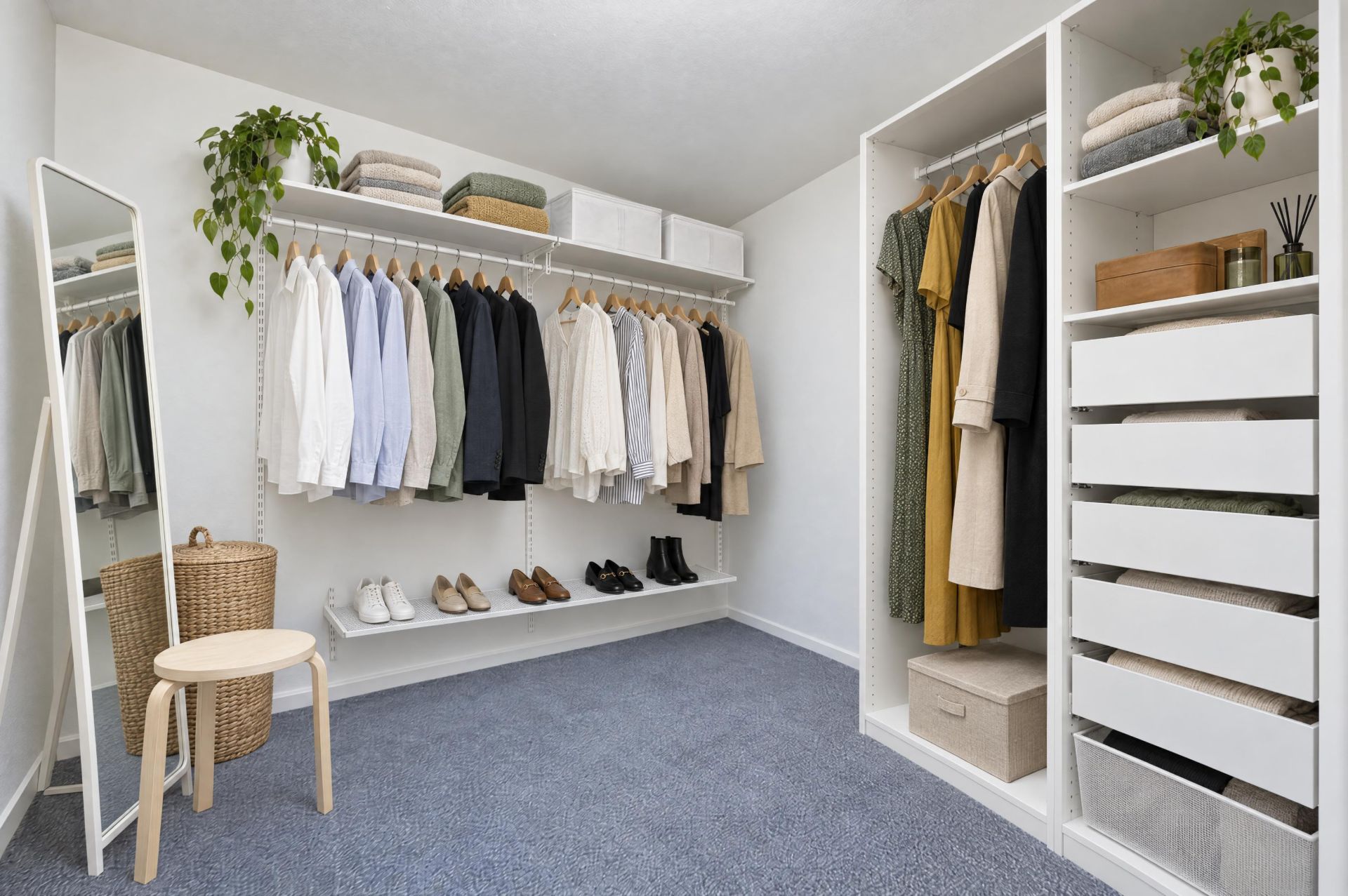 Geräumiger Ankleideraum mit Kleidung, offenen Regalen, Spiegel, Hocker und Teppichboden.