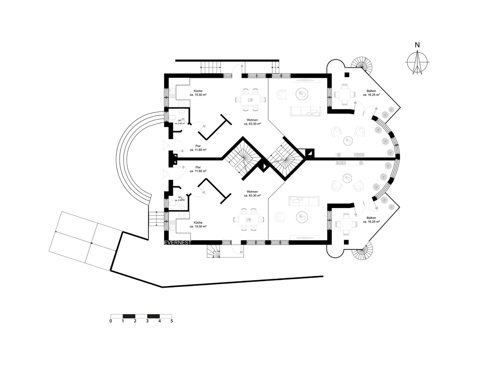 Grundriss eines Wohnhauses mit Wohnräumen, Küchen, Fluren und zwei Balkonen.
