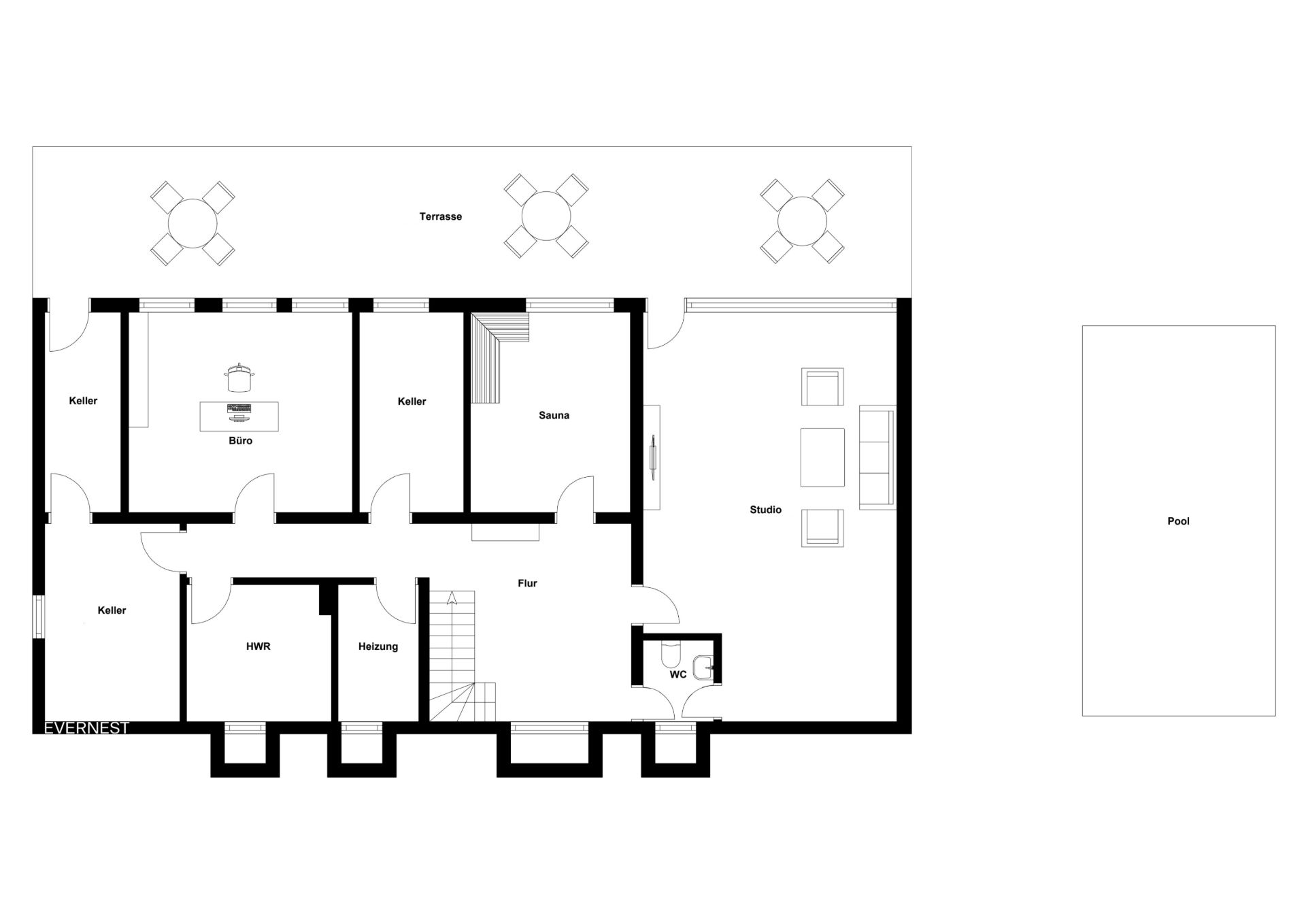 Grundriss eines Hauses mit Terrasse, Pool, mehreren Räumen, Büro, Sauna und Studio.