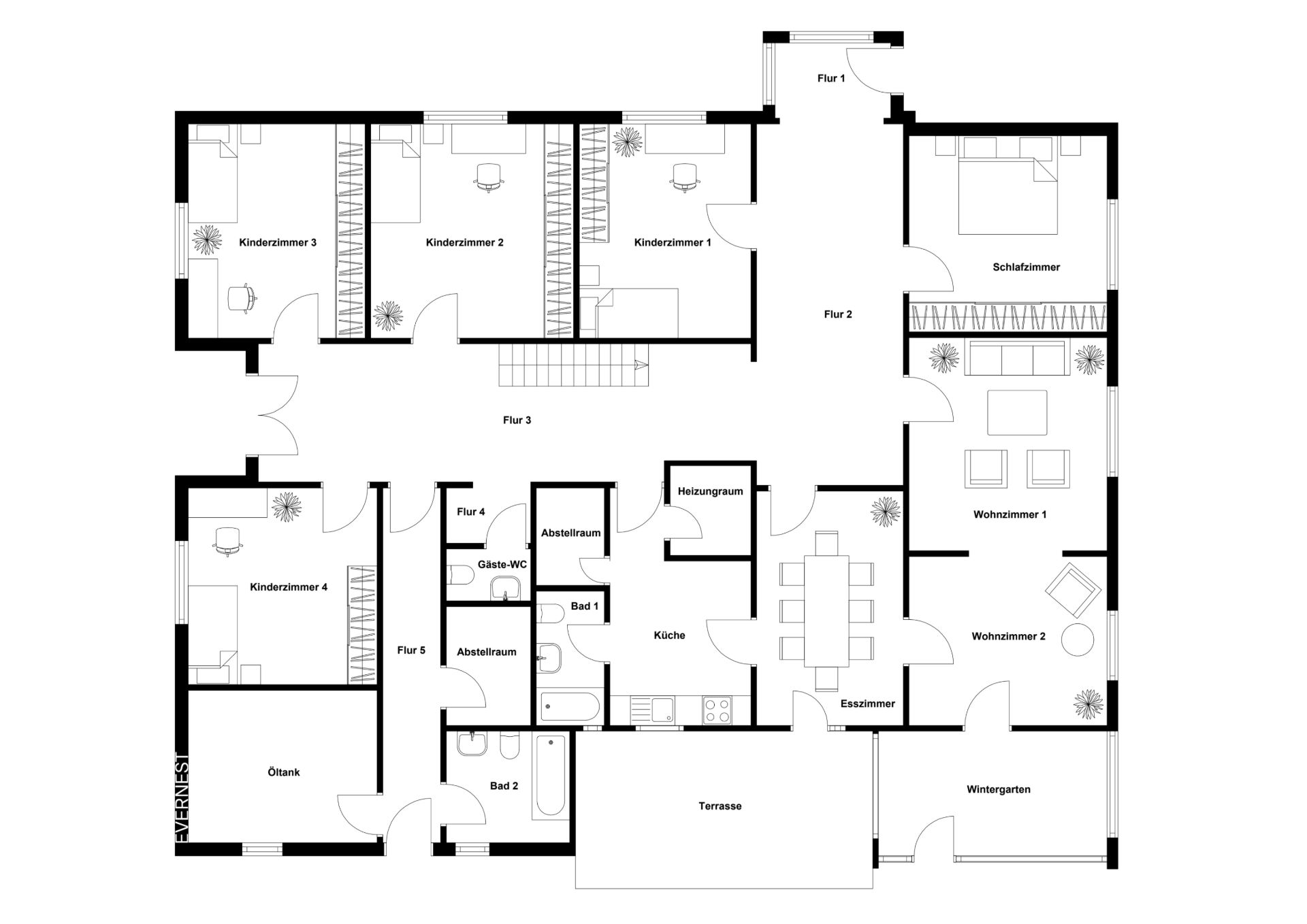 Grundriss eines Hauses mit mehreren Schlafzimmern, Wohnzimmern, Küche, Bädern und Wintergarten.