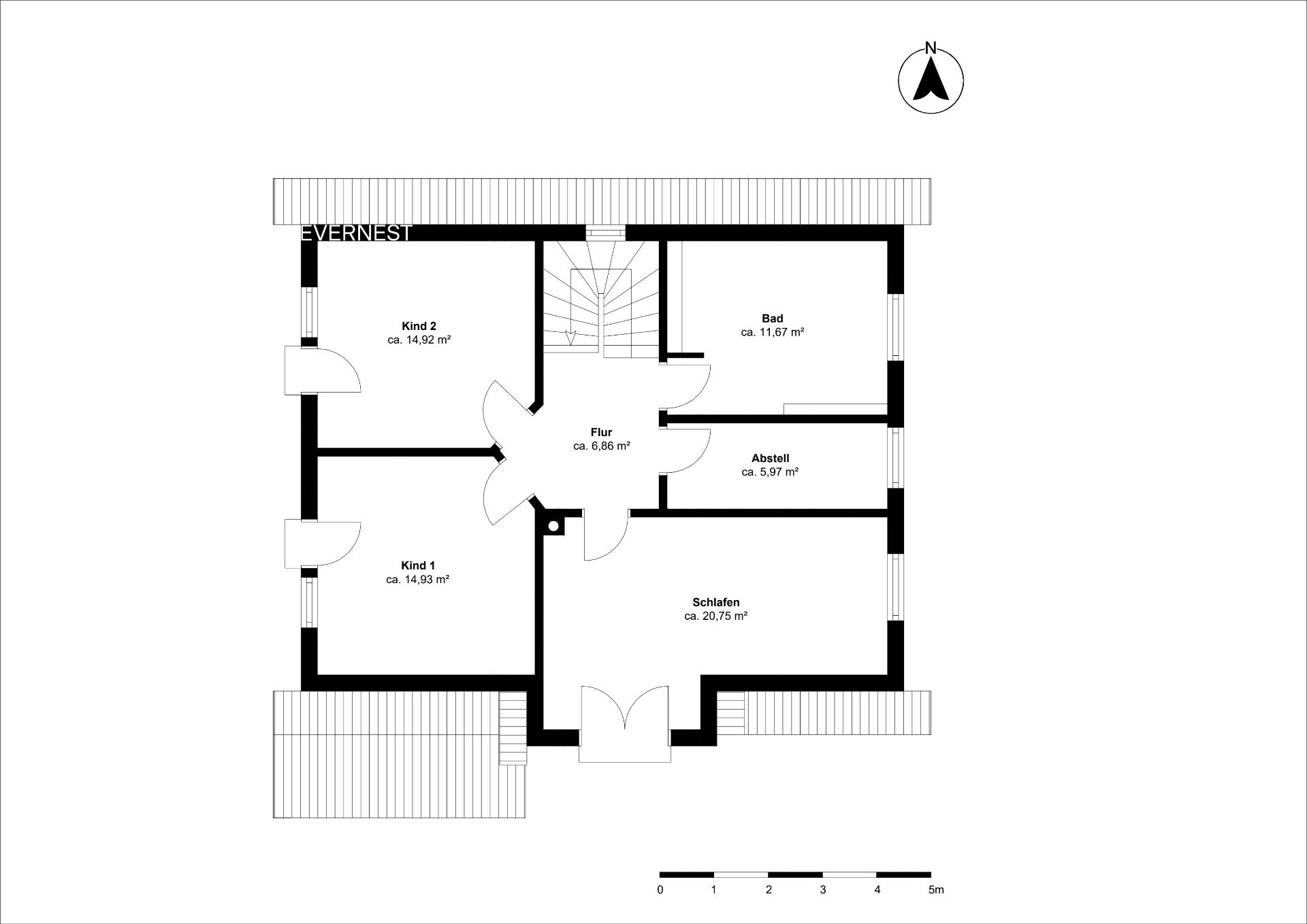 Grundriss mit Flur, zwei Kinderzimmern, Bad, Abstellraum und Schlafzimmer.