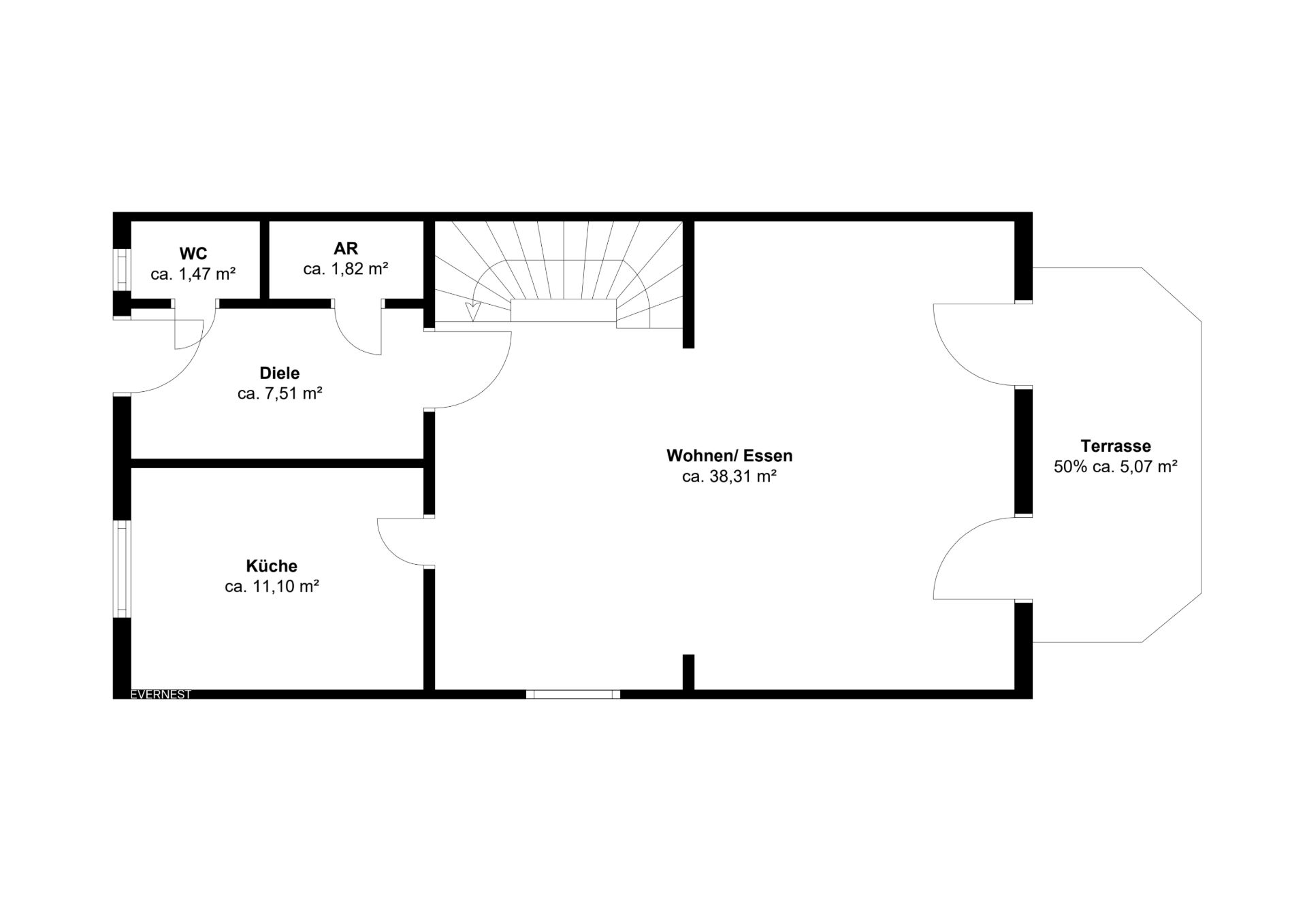 Grundriss mit Küche, WC, Abstellraum, Diele, Wohn-/Essbereich und Terrasse.