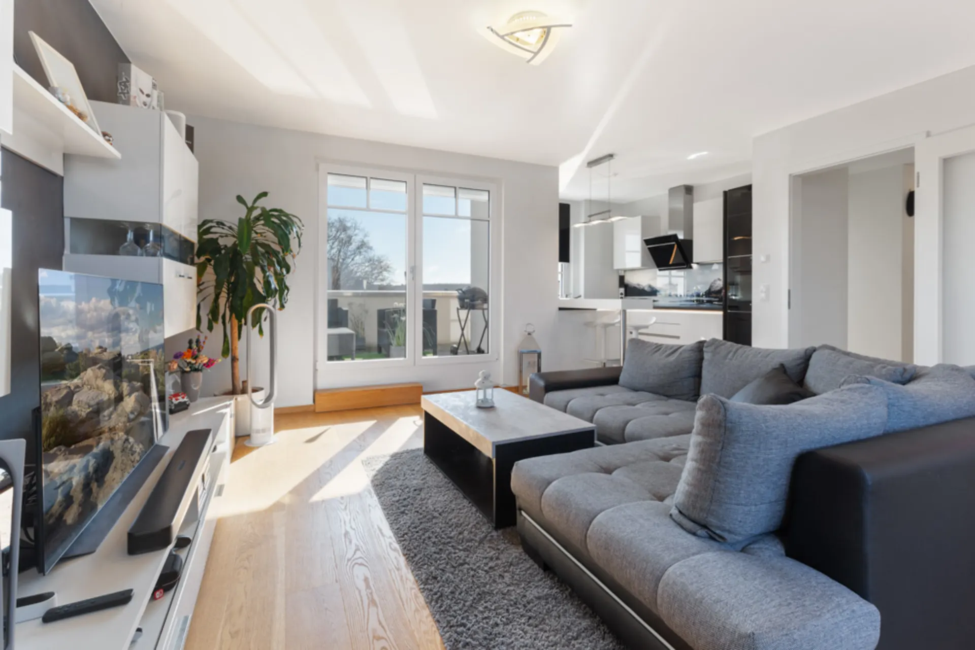 Modernes Wohnzimmer mit grauem Sofa, Teppich, Fernseher und Zugang zum Balkon, offene Küche im Hintergrund.