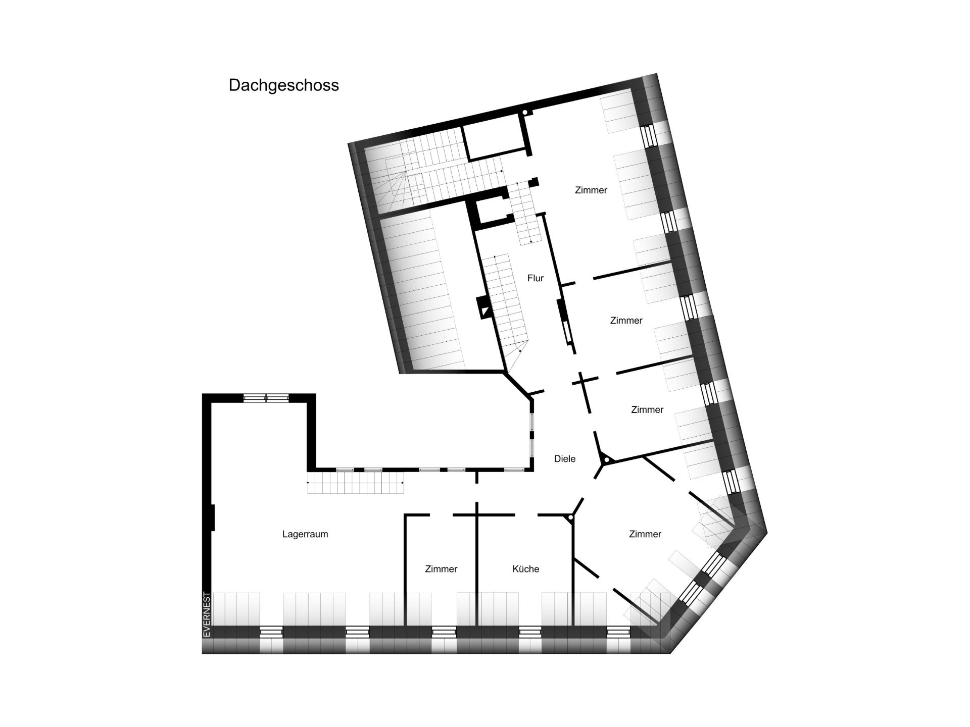 Grundriss eines Dachgeschosses mit mehreren Zimmern, Küche, Flur und Lagerraum.