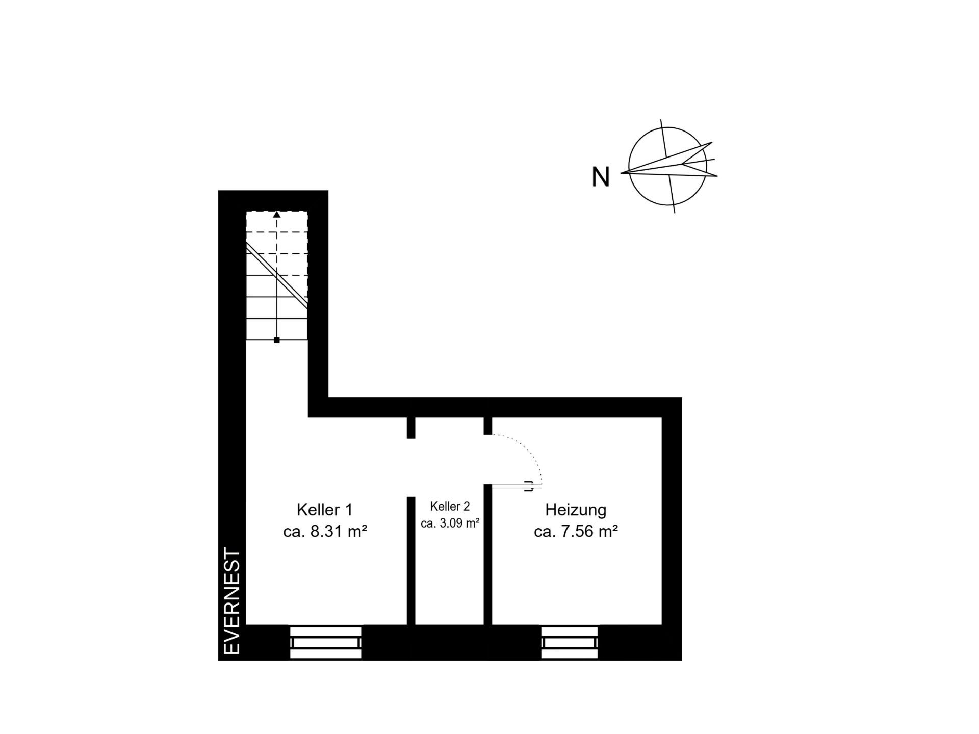 Grundriss eines Kellers mit zwei Abstellräumen und einem Heizungsraum, Flächenangaben in Quadratmetern.