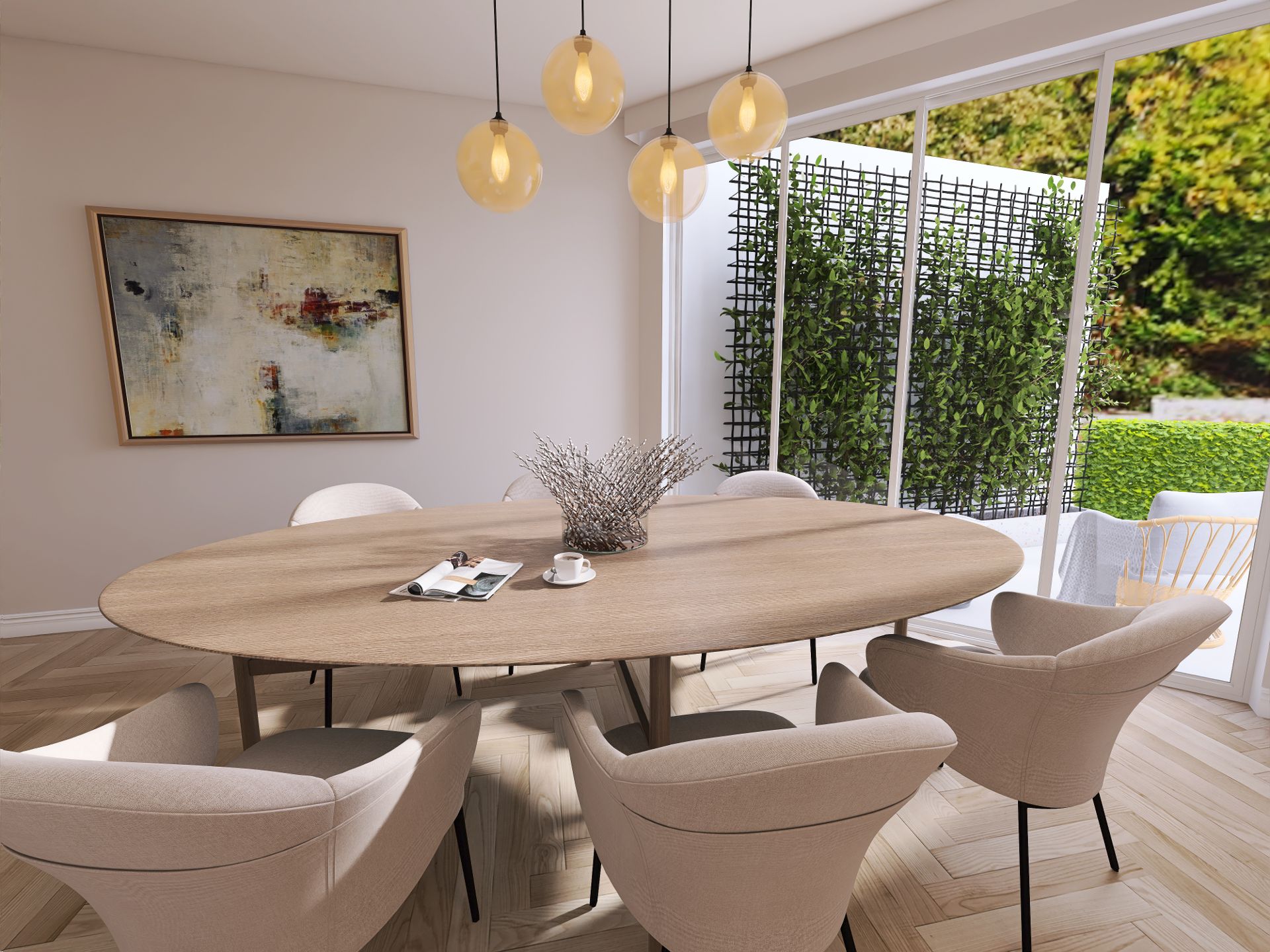 Esszimmer mit ovalem Holztisch, sechs Stühlen und großen Fenstern zum Garten.