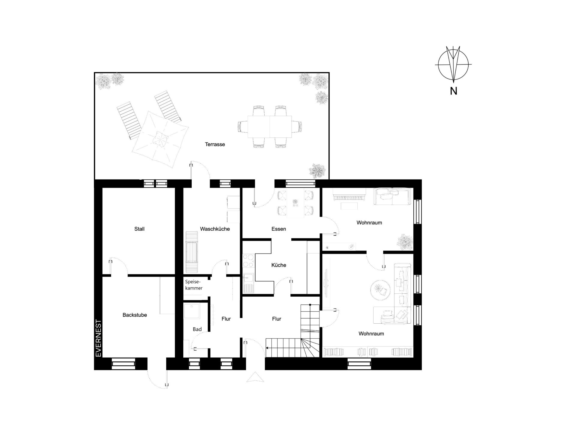 Grundriss eines Hauses mit Terrasse, Wohnzimmer, Küche, Bad, Waschküche und weiteren Räumen.