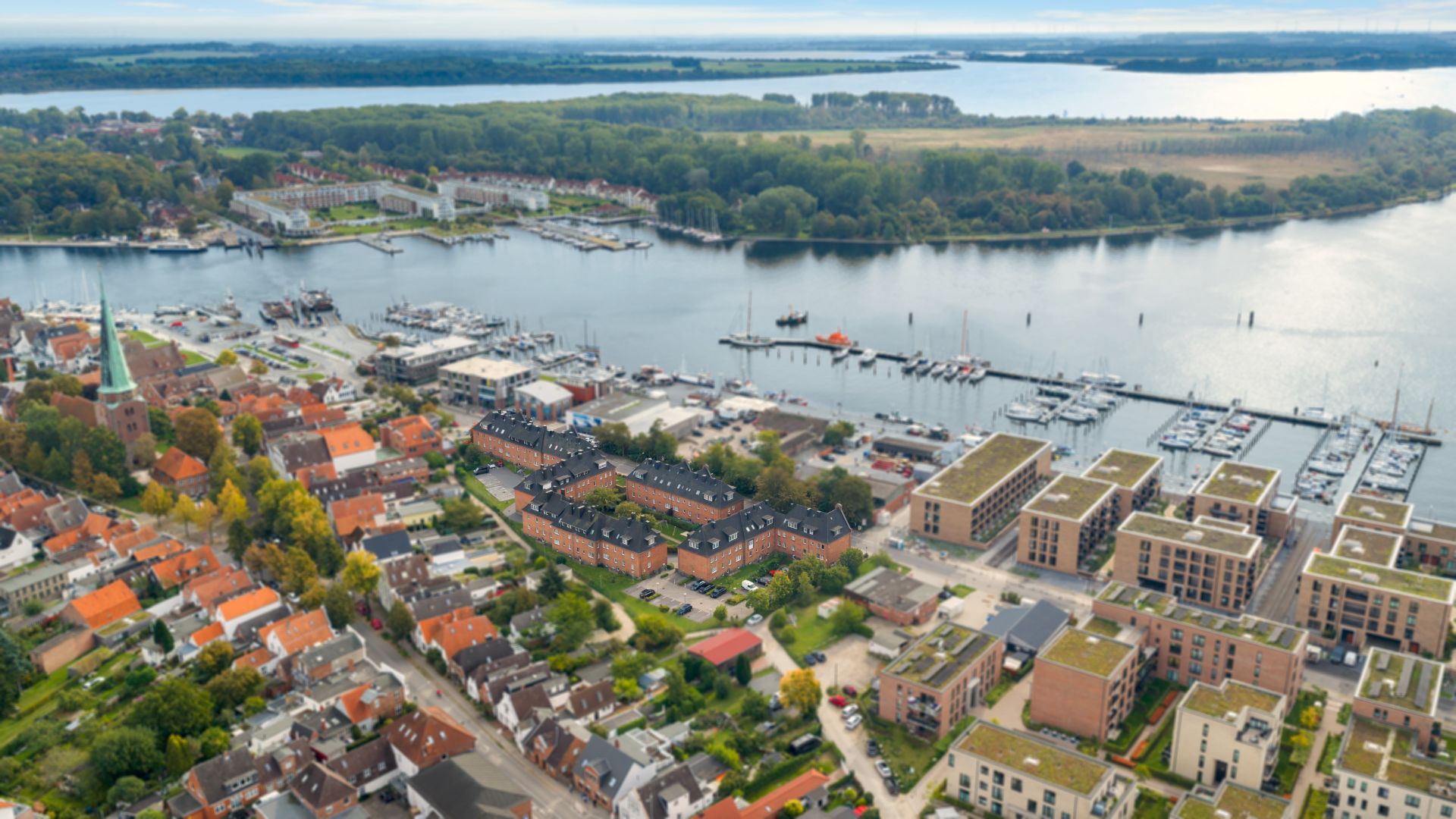 Luftaufnahme eines Wohngebiets mit Hafen und vielen Booten am Wasser.