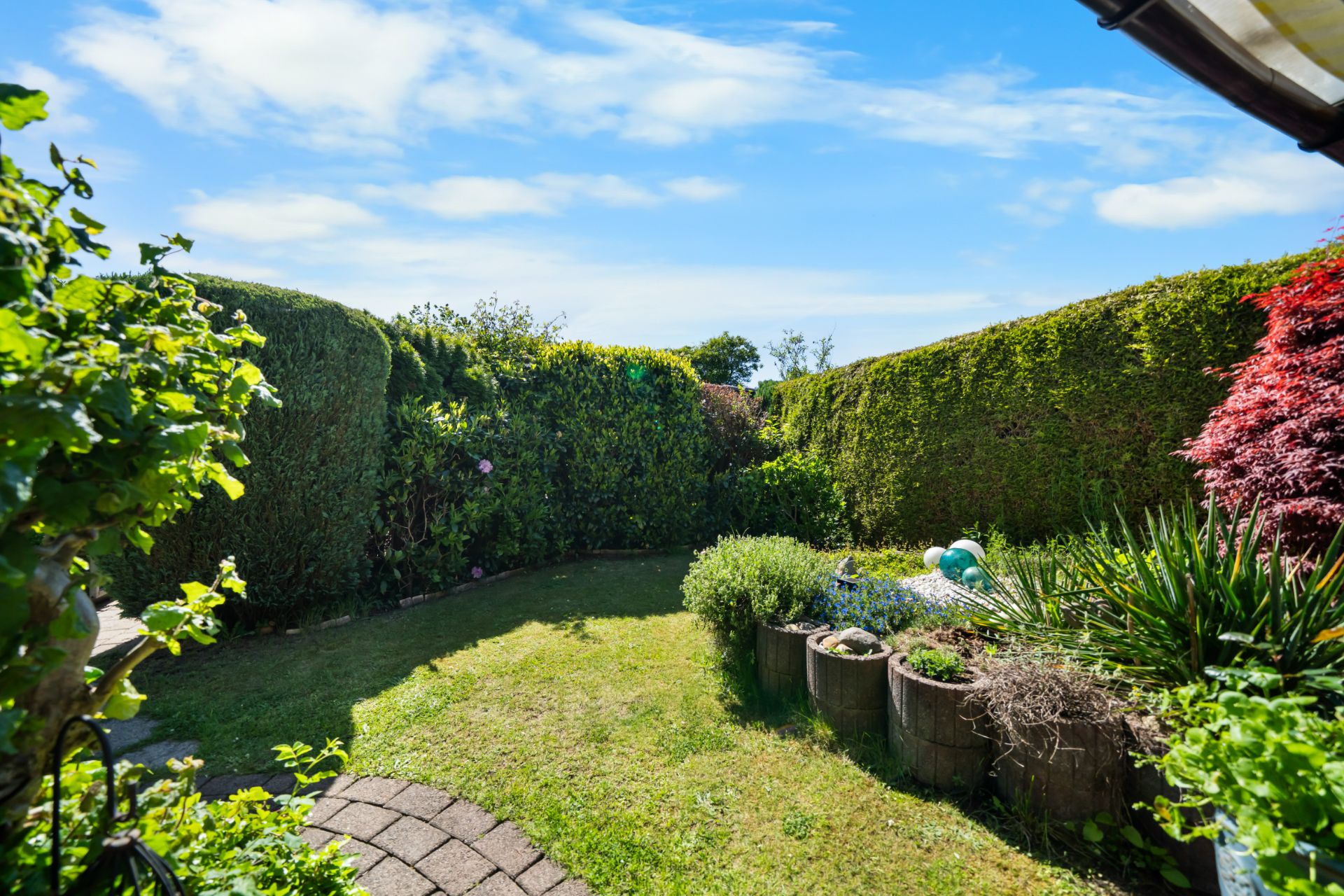 Kleiner Garten mit Rasen, Hecken und Blumenbeeten an einem sonnigen Tag.