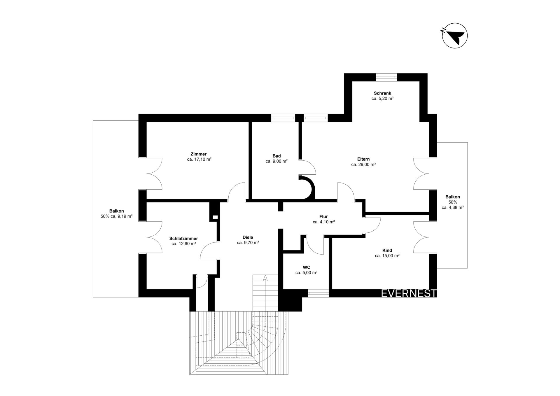 Grundriss mit Schlafzimmern, Wohnzimmer, Bad, WC, Flur, zwei Balkonen und Schrankraum.