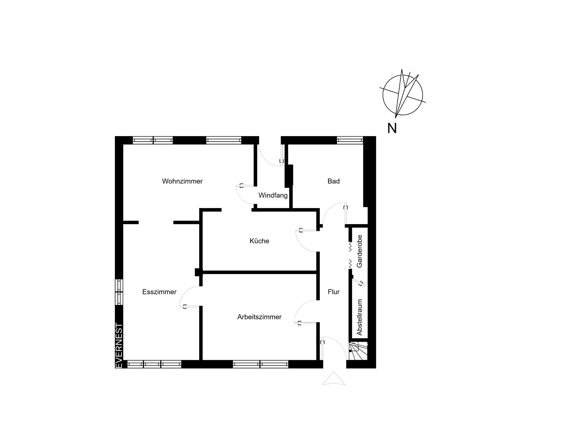 Grundriss einer Wohnung mit Wohnzimmer, Esszimmer, Küche, Bad, Arbeitszimmer und Flur.