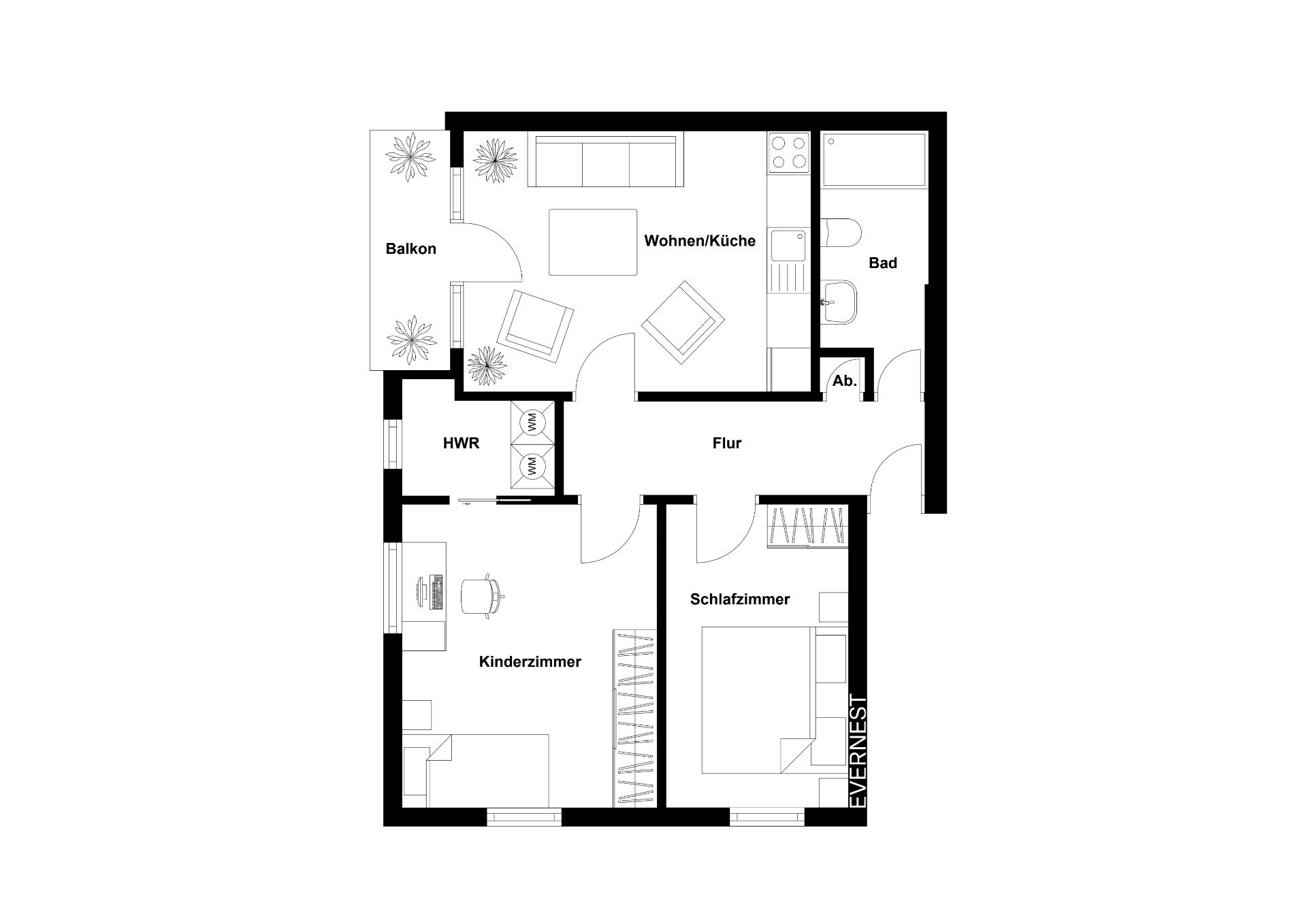 Grundriss einer Wohnung mit Balkon, Wohnküche, Bad, Kinderzimmer und Schlafzimmer.