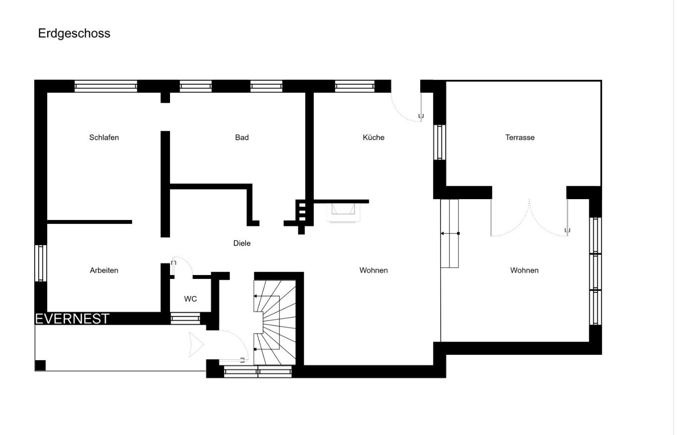 Grundriss des Erdgeschosses mit Räumen wie Schlafen, Bad, Küche, Wohnen, Arbeiten und Terrasse.