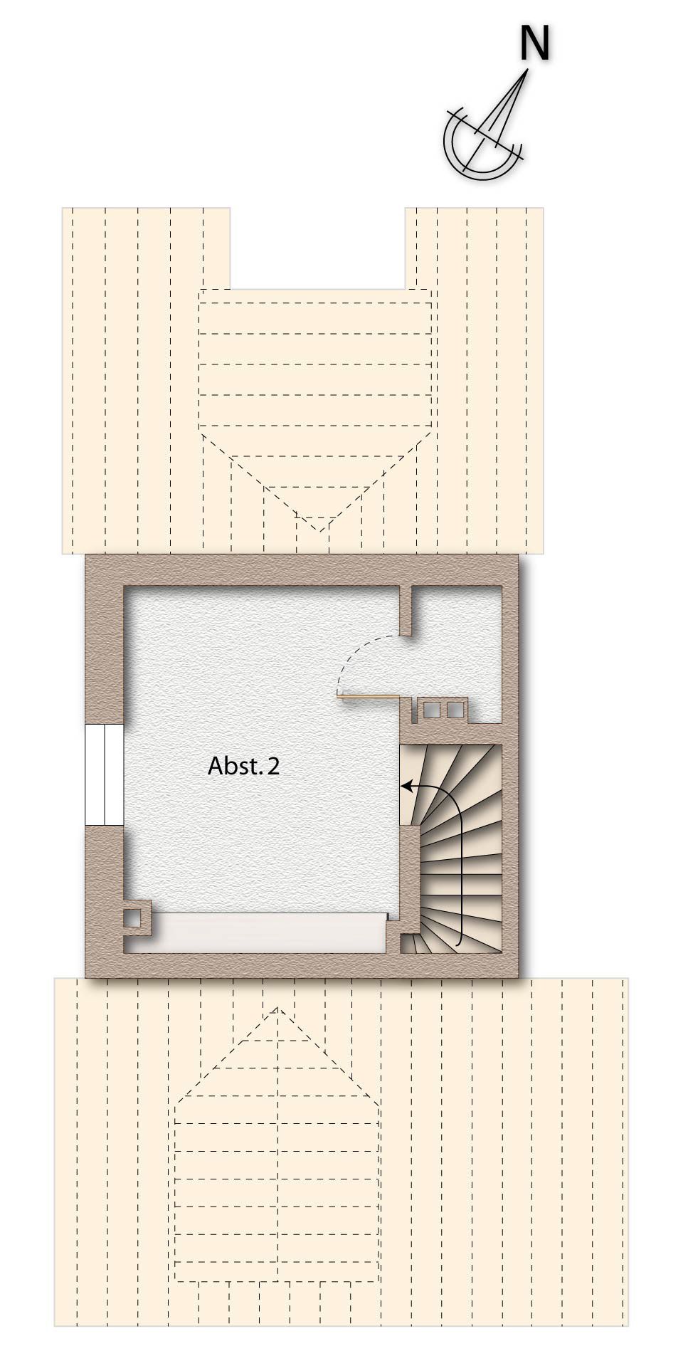 Grundriss mit einem Raum, Treppe und Abstellbereich, Dachflächen markiert.