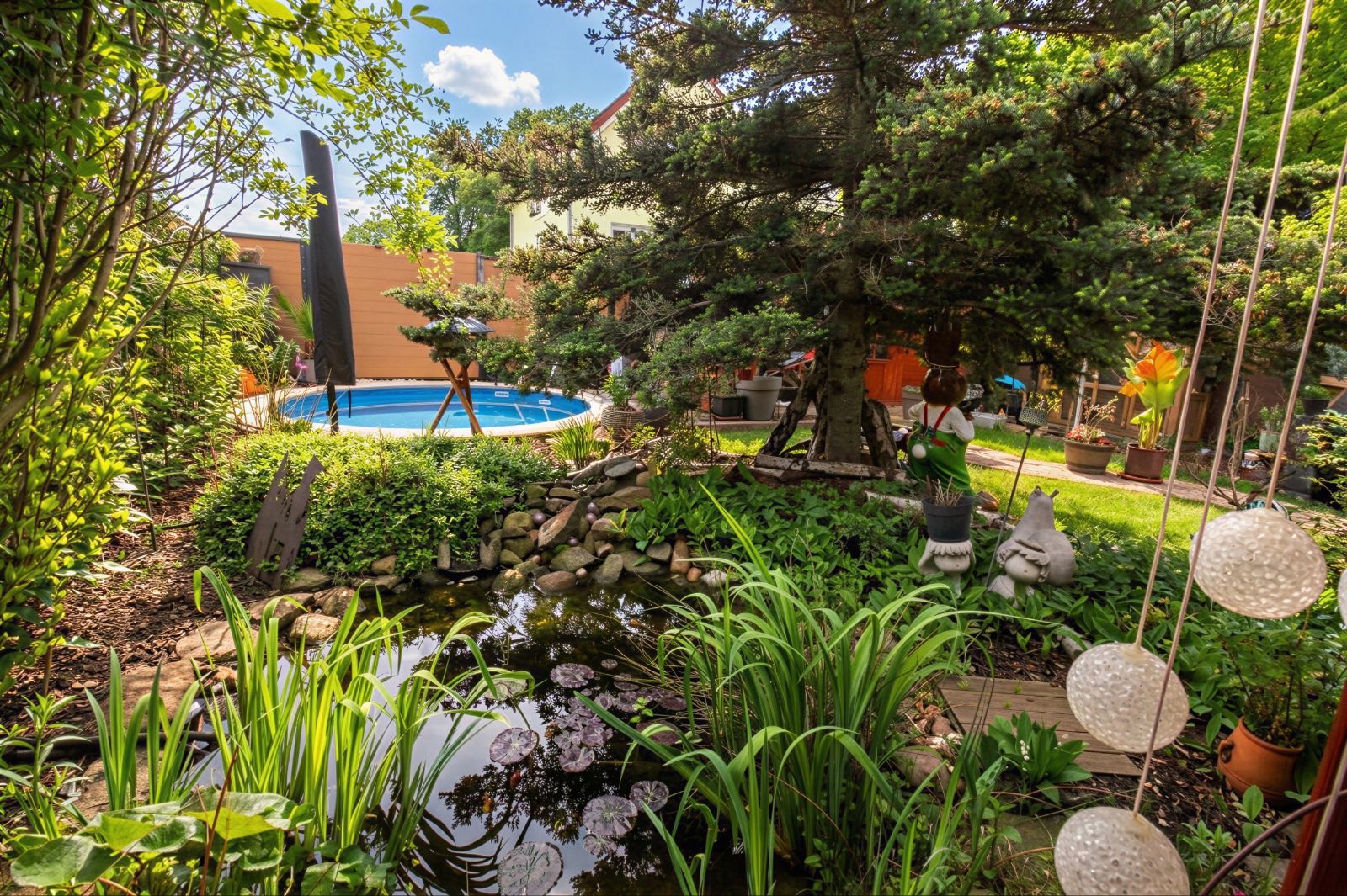 Garten mit Teich, vielen Pflanzen, einem Baum und einem blauen Pool im Hintergrund.