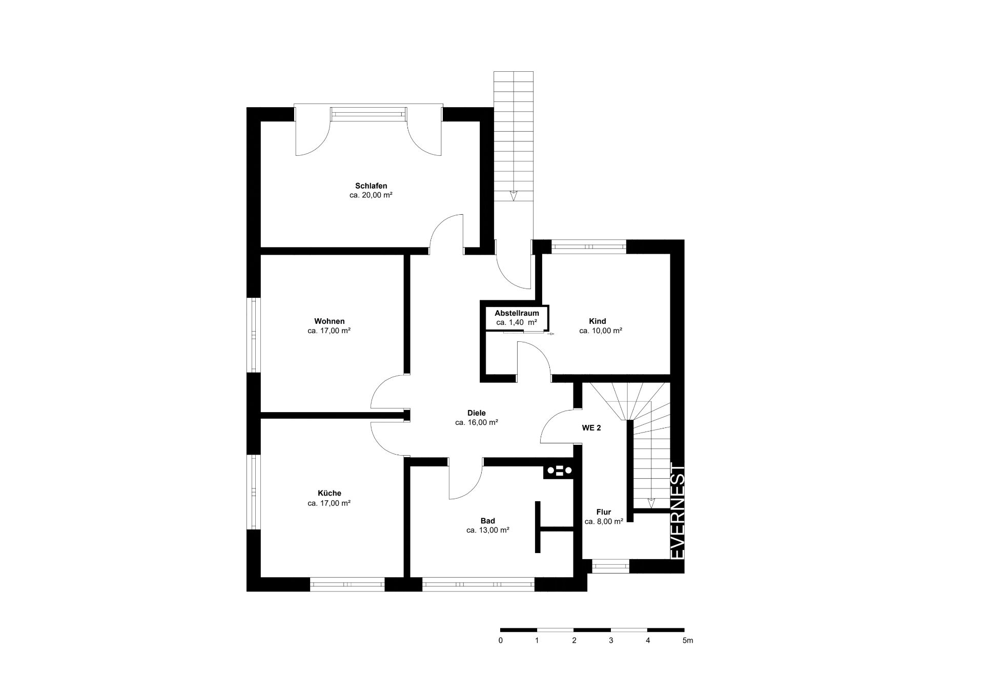 Grundriss einer Wohnung mit Schlafzimmer, Wohnzimmer, Küche, Kinderzimmer, Bad und Flur.