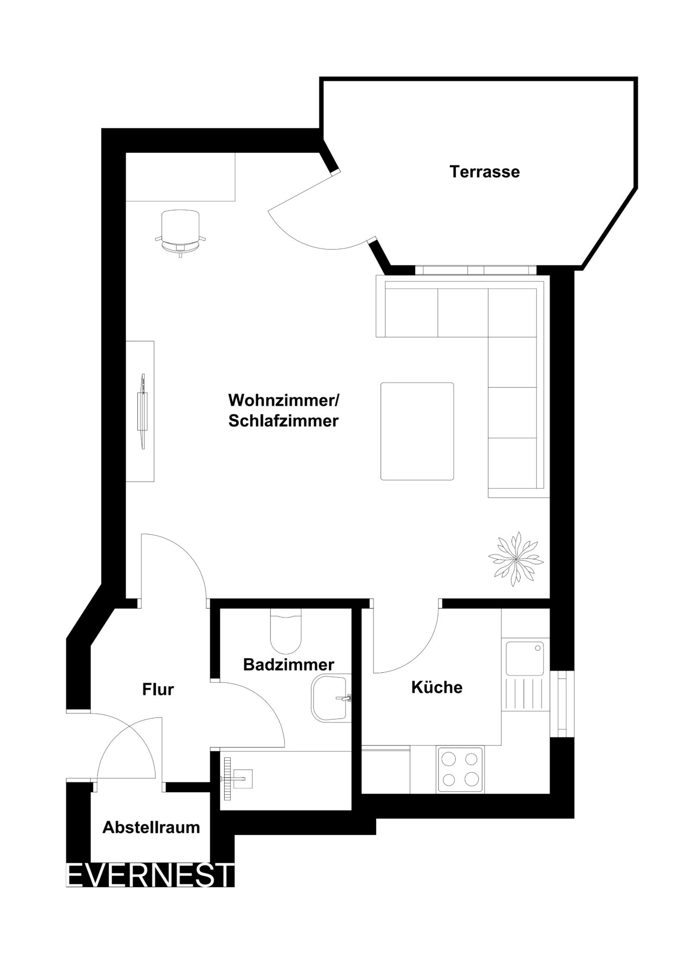 Grundriss einer Wohnung mit Wohnzimmer/Schlafzimmer, Bad, Küche, Flur, Abstellraum und Terrasse.