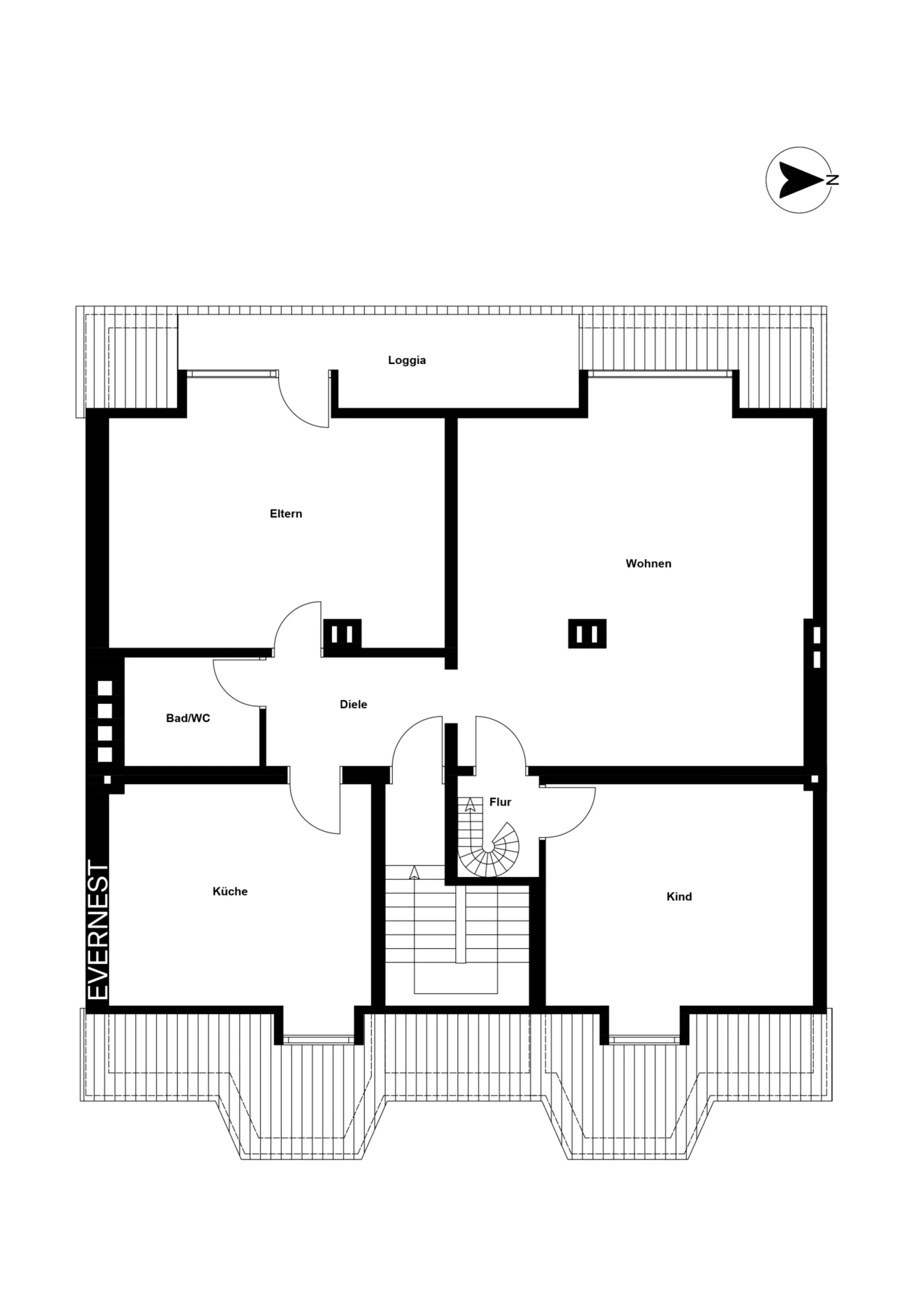 Grundriss einer Wohnung mit Küche, Bad, Eltern-, Kinderzimmer, Wohnzimmer und Loggia.
