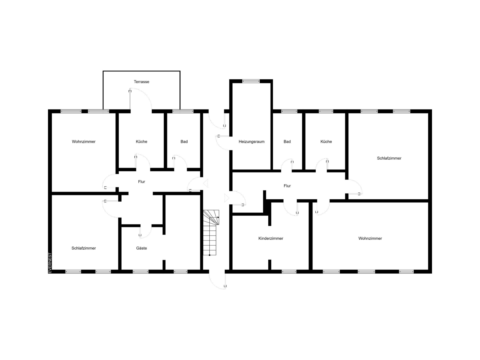 Grundriss eines Hauses mit Wohnzimmern, Schlafzimmern, Küchen, Bädern, Kinderzimmer, Gästezimmer und Terrasse.