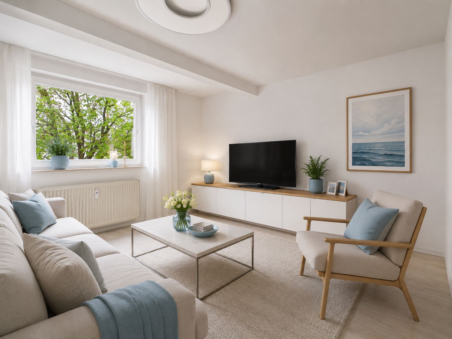Modernes Wohnzimmer mit Sofa, Sessel, Couchtisch, Fernseher und großem Fenster mit Blick ins Grüne.