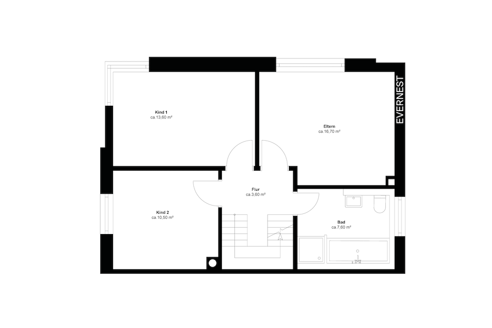 Grundriss mit Flur, Elternschlafzimmer, zwei Kinderzimmern und Bad.