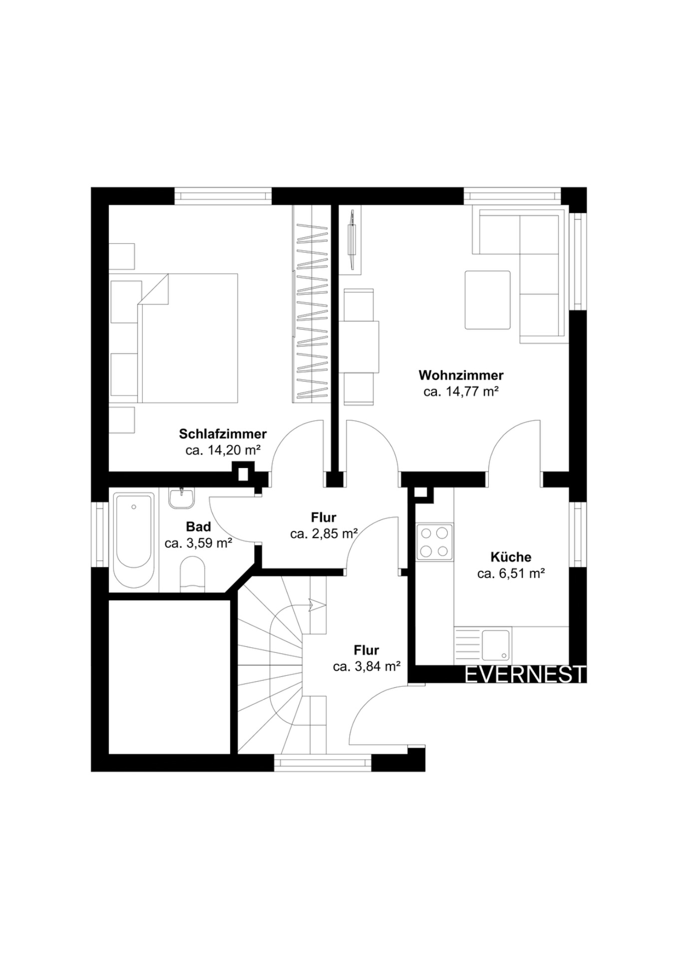 Grundriss mit Schlafzimmer, Wohnzimmer, Küche, Bad und Flur.