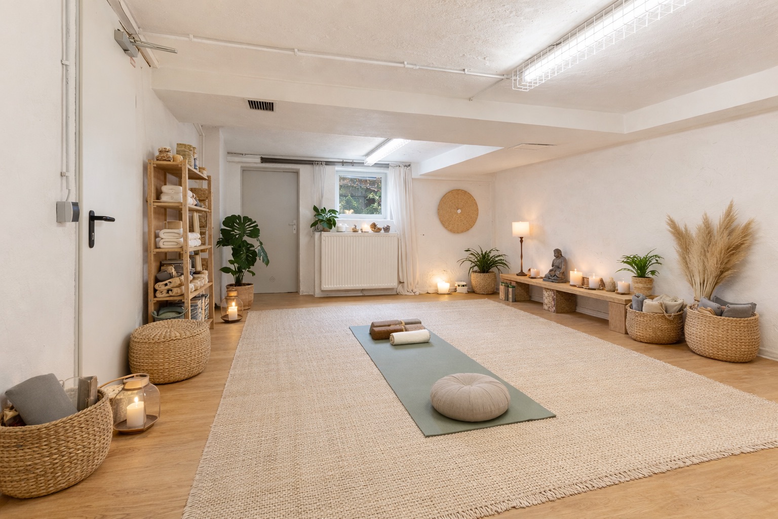 Heller Raum mit Yoga-Matte, Kissen, Pflanzen und Regalen auf Holzboden.