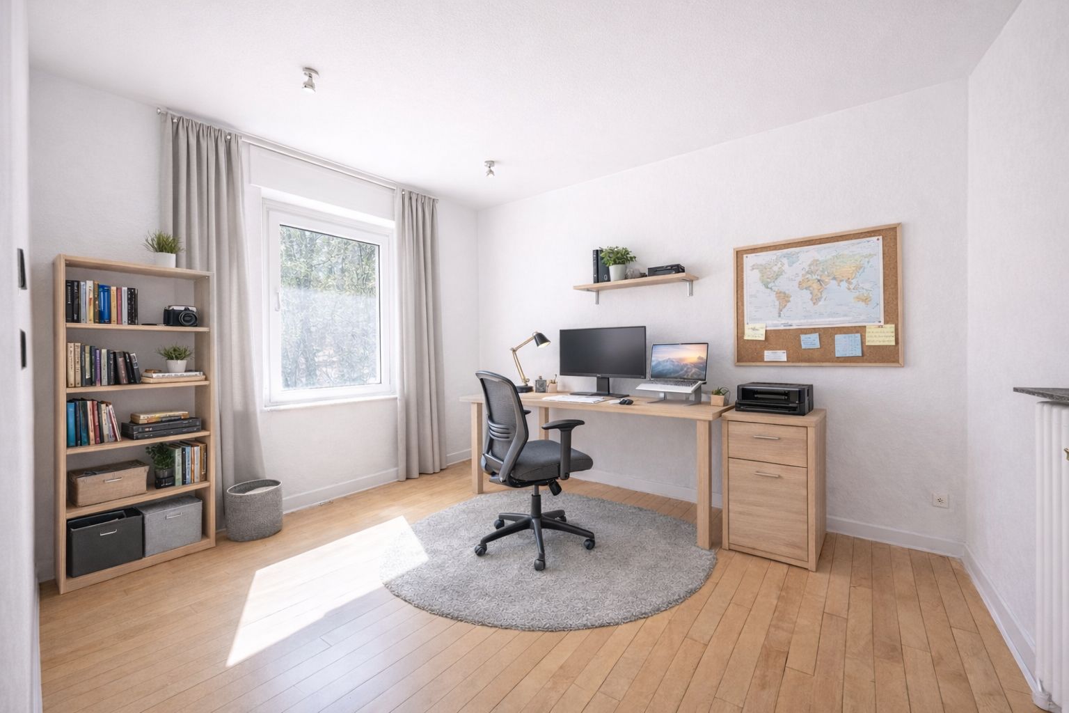Helles Arbeitszimmer mit Schreibtisch, Stuhl, Regal, Computer und Weltkarte an der Wand.